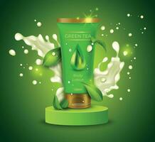 realistisch gedetailleerd 3d lichaam lotion met groen thee bladeren concept achtergrond. vector