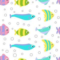 schattig kleurrijk vissen vector naadloos patroon. zee leven kinderachtig vlak tekenfilm achtergrond.