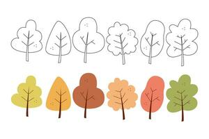 reeks van zes abstract herfst bomen. zwart en wit en kleur clip art vector illustratie.