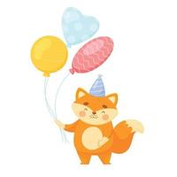 schattige vos stripfiguur met lucht ballonnen. verjaardagskaart. vector illustratie