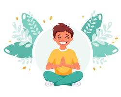 kleine jongen mediteren in lotushouding. gymnastiek, meditatie voor kinderen. vector