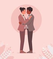 homo paar knuffelen. LGBT-huwelijk, trotsconcept. multicultureel koppel. vector