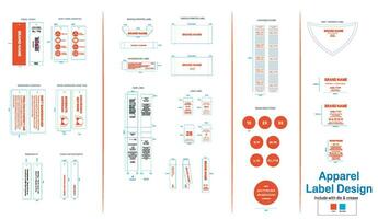 kleding label, kledingstuk label, kleding label, hangtag, sticker, streepjescode label, ronde sticker, grootte sticker, warmte overdracht, nek etiketten, geweven, prijs label, vol pakket, kleding branding. vector