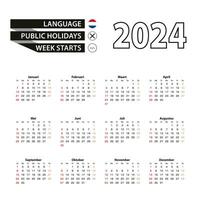 2024 kalender in Nederlands taal, week begint van zondag. vector