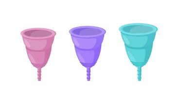 herbruikbaar menstruatie- cups van afwijkend formaat en kleuren. sanitair items voor Dames wie de neiging hebben naar hergebruik en nul afval. vector illustratie