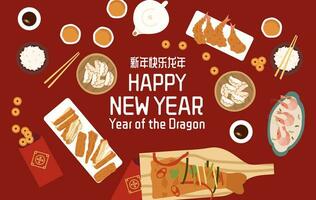 viering avondeten voor Chinese nieuw jaar. Chinese voedsel Aan een rood achtergrond. vector