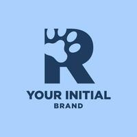 brief r poot afdrukken hond voet silhouet in negatief ruimte eerste vector logo ontwerp