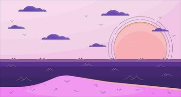 zonsondergang in de zee kilte zie fi achtergrond. baai. paradijs. eiland 2d vector tekenfilm landschap illustratie, Purper lofi behang bureaublad. zonsondergang esthetisch 90s retro kunst, dromerig gevoel