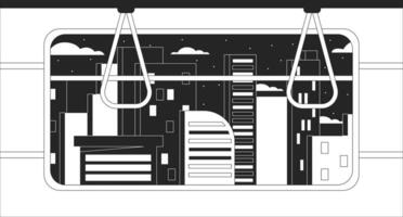 wolkenkrabbers van metro venster zwart en wit kilte zie fi achtergrond. nacht in stad schets 2d vector tekenfilm stadsgezicht illustratie, monochromatisch lofi behang bureaublad. bw 90s retro kunst