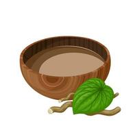 vector illustratie, kava drinken in een houten schaal, met kava wortel en bladeren, wetenschappelijk naam pijper methysticum, geïsoleerd Aan wit achtergrond.