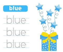 spoor en schrijven woord blauw. aan het leren kleuren met geschenk doos en ballonnen. werkbladen voor kinderen. vector