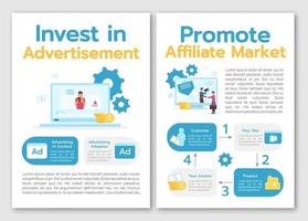 investeren in advertentiebrochure sjabloon. affiliate markt te promoten. flyer, boekje, folderconcept, platte illustraties. vector pagina cartoon lay-out voor tijdschrift. advertentie-uitnodiging, tekstruimte