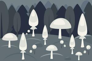 champignons in magie Woud Bij nacht. fantastisch bossen landschap met bomen, paddestoelen, bloemen en gras in mysticus licht, pad en stenen. vector tekenfilm illustratie