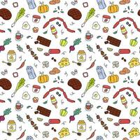 voedsel patroon. kleurrijk tekening maaltijd elementen Aan wit achtergrond. schattig herhaling schets illustraties met fruit, groenten, vlees en zuivel producten vector