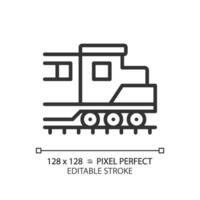 locomotief pixel perfect lineair icoon. diesel motor. vracht trein. het spoor vervoer voertuig. macht auto. dun lijn illustratie. contour symbool. vector schets tekening. bewerkbare beroerte