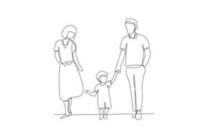 een doorlopend lijn tekening van kinderen, ouders en dokter. ouderschap in gezondheidszorg concept. tekening vector illustratie in gemakkelijk lineair stijl.