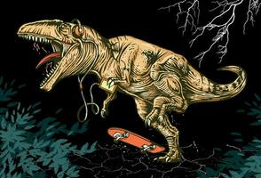 kleurrijk hand- getrokken illustratie van skateboarder tyrannosaurus rex gebruik makend van cel telefoon met hoofdtelefoons vector