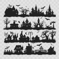 reeks van halloween element griezelig huis, knuppel, heks silhouet vector