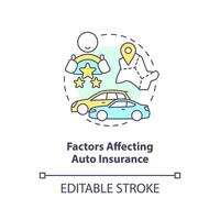 factoren beïnvloeden auto verzekering concept icoon. auto financieel bescherming voorwaarden abstract idee dun lijn illustratie. geïsoleerd schets tekening. bewerkbare beroerte vector