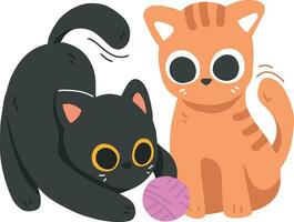 schattig speels zwart kat en oranje kat spelen met bal van garen vieren Internationale kat dag vector