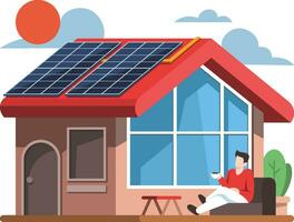 energie besparing met zonne- cel dak ontspannende buitenshuis vector illustratie