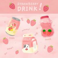 aardbei roze drinken dranken hand getekend illustraties sticker pak vector