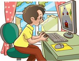 vector illustratie van schattig jongen spelen spel Aan computer