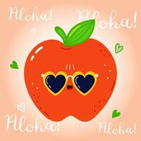 schattig grappig rood appel karakter. vector hand- getrokken tekenfilm kawaii karakter illustratie icoon. geïsoleerd Aan roze achtergrond. rood appel fruit karakter concept. aloha kaart