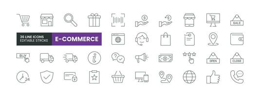 reeks van 36 e-commerce lijn pictogrammen set. e-commerce schets pictogrammen met bewerkbare beroerte verzameling. omvat geschenk, geld, streepjescode, online winkelen, kar, en meer. vector