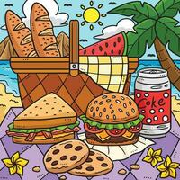 zomer picknick voedsel door de kust gekleurde tekenfilm vector
