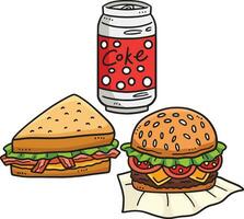 cola, hamburger, en belegd broodje tekenfilm gekleurde clip art vector