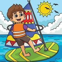jongen het windsurfen zomer gekleurde tekenfilm vector