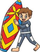 jongen Holding surfen bord tekenfilm gekleurde clip art vector