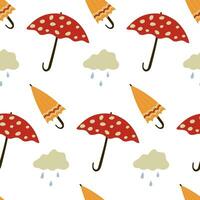 vallen naadloos patroon. afdrukken met regenen, wolken en paraplu's. hand- getrokken herfst weer illustratie. vector