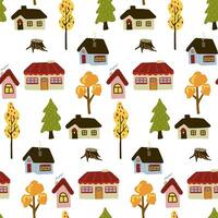 naadloos patroon met huizen en herfst bomen. vallen achtergrond. seizoen achtergrond. vector