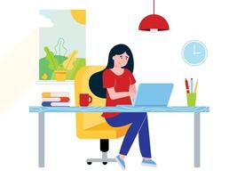 freelance vrouwelijke meisje zakenvrouw ontspannen werken op laptop op het kantoor aan huis. vrouw, notebook, bureau, boeken, pen, potlood, lamp, kopje koffie, raam, klok vlakke stijl vectorillustratie geïsoleerd illustration vector