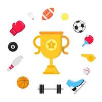 sport gaming compositie met ballen - voetbal, voetbal, basketbal. trofee beker beker tennis en ping pong racket rond. sportuitrusting vlakke stijl ontwerp vectorillustratie geïsoleerd op wit. vector