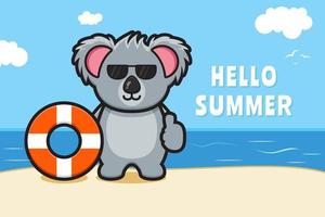 schattige koala met zwemring met een zomerse groet banner cartoon vector pictogram illustratie