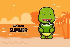 schattige schildpad drink kokosnoot met een zomerse groet banner cartoon vector pictogram illustratie