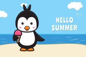 schattige pinguïn en ijs met een zomerse groet banner cartoon vector pictogram illustratie