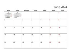 juni 2024 gemakkelijk kalender planner, week begint van maandag. vector