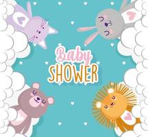 babyshower, schattige dieren met wolkenfeest vector