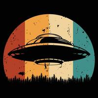 vector grappig retro zonsondergang wijnoogst ufo buitenaards wezen t-shirt ontwerp