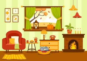 herfst knus huis decor vector illustratie met leven kamer interieur meubilair achtergrond elementen in vlak tekenfilm hand- getrokken Sjablonen
