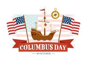 gelukkig Columbus dag vector illustratie van nationaal Verenigde Staten van Amerika vakantie met schip en Amerikaans vlag achtergrond in vlak tekenfilm hand- getrokken Sjablonen