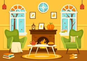 herfst knus huis decor vector illustratie met leven kamer interieur meubilair achtergrond elementen in vlak tekenfilm hand- getrokken Sjablonen