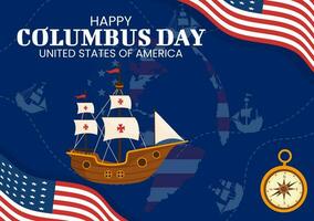 gelukkig Columbus dag vector illustratie van nationaal Verenigde Staten van Amerika vakantie met schip en Amerikaans vlag achtergrond in vlak tekenfilm hand- getrokken Sjablonen