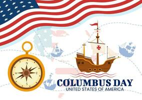 gelukkig Columbus dag vector illustratie van nationaal Verenigde Staten van Amerika vakantie met schip en Amerikaans vlag achtergrond in vlak tekenfilm hand- getrokken Sjablonen