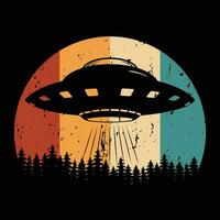 vector grappig retro zonsondergang wijnoogst ufo buitenaards wezen t-shirt ontwerp