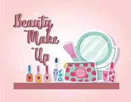 schoonheid make-up spiegel borstel lippenstift mascara en nagellak vector